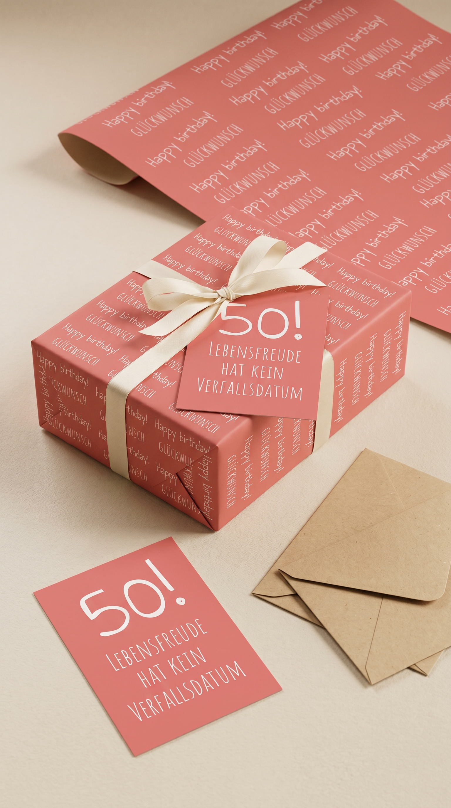 Geschenkpapier Set Lebensfreude Koralle, 3x Geschenkverpackung DIN A2; Runder Geburtstag, 3x Lebensfreude Karte mit Umschlag braun Premium